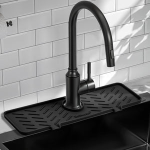 Meiliweser Silicone Faucet Splash Guard Gen 2 - Outlet & Slope Upgraded Faucet Water Catcher Mat - 18” x 5.1” - Sink Sponge Holder for Kitchen, Bathroom(Black)