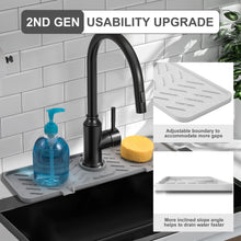 Load image into Gallery viewer, Meiliweser Silicone Faucet Splash Guard Gen 2 - Outlet &amp; Slope Upgraded Faucet Water Catcher Mat - 18” x 5.1” - Sink Sponge Holder for Kitchen, Bathroom(Gray)
