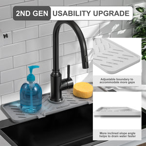 Meiliweser Silicone Faucet Splash Guard Gen 2 - Outlet & Slope Upgraded Faucet Water Catcher Mat - 18” x 5.1” - Sink Sponge Holder for Kitchen, Bathroom(Gray)