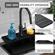 Load image into Gallery viewer, Meiliweser Silicone Faucet Splash Guard Gen 2 - Outlet &amp; Slope Upgraded Faucet Water Catcher Mat - 18” x 5.1” - Sink Sponge Holder for Kitchen, Bathroom(Black)
